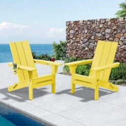 Classic Lemon Yellow Folding Plastic Adirondack Chair With Double Cup Holder -Jearey jearey plastic adirondack chairs sbthqy nmh 31 1000
