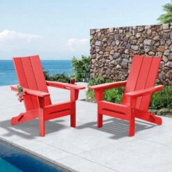 Classic Red Folding Plastic Adirondack Chair With Double Cup Holder -Jearey jearey plastic adirondack chairs sbthqy red 31 1000