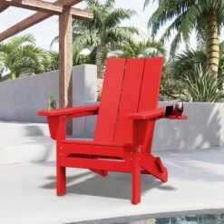 Classic Red Folding Plastic Adirondack Chair With Double Cup Holder -Jearey jearey plastic adirondack chairs sbthqy red c3 1000