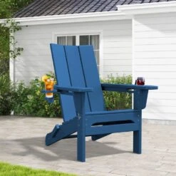 Classic Navy Blue Folding Plastic Adirondack Chair With Double Cup Holder