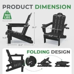 Classic Outdoor HDPE Folding Plastic Adirondack Chair With 2 Cup Holders In Black (Set Of 1) -Jearey jearey plastic adirondack chairs sbtydy black 4f 1000