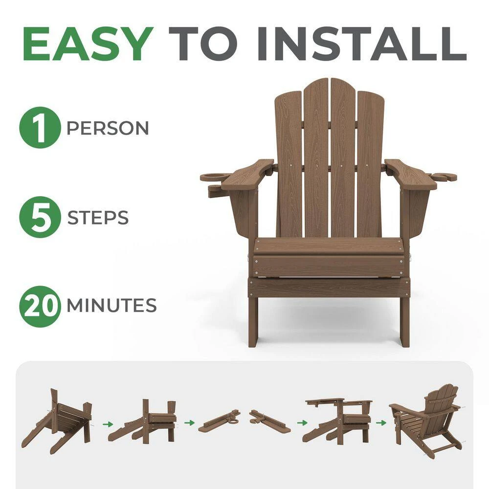 Classic Outdoor HDPE Folding Plastic Adirondack Chair With 2 Cup Holders In Brown (Set Of 1) 4 Classic Outdoor HDPE Folding Plastic Adirondack Chair With 2 Cup Holders In Brown (Set Of 1) - Image 4
