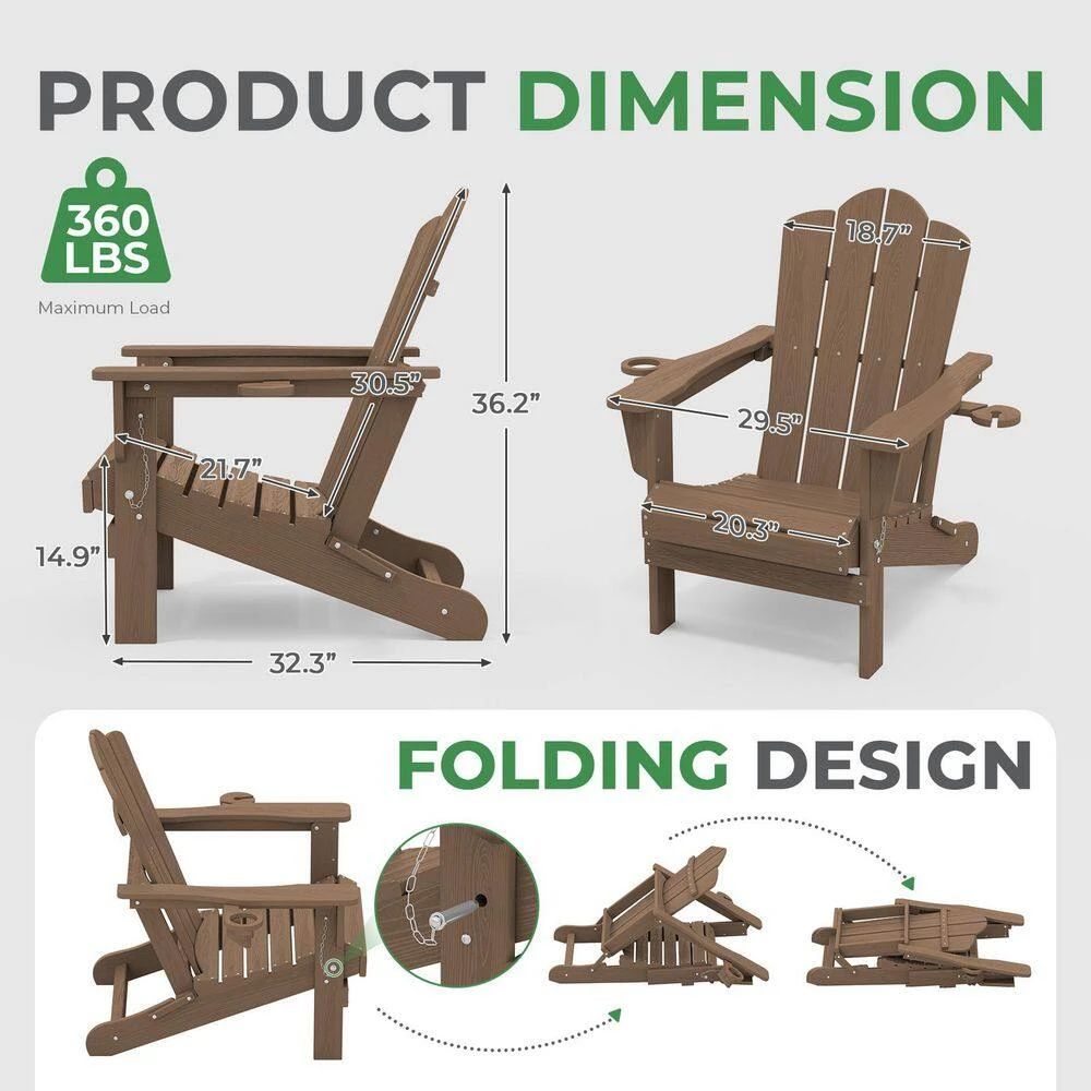 Classic Outdoor HDPE Folding Plastic Adirondack Chair With 2 Cup Holders In Brown (Set Of 1) 3 Classic Outdoor HDPE Folding Plastic Adirondack Chair With 2 Cup Holders In Brown (Set Of 1) - Image 3