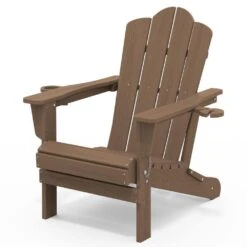 Classic Outdoor HDPE Folding Plastic Adirondack Chair With 2 Cup Holders In Brown (Set Of 1)
