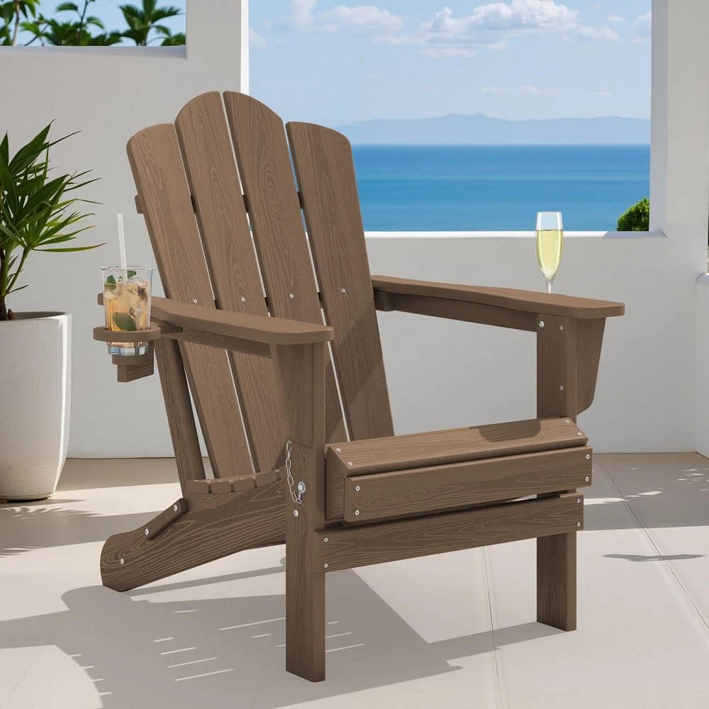 Classic Outdoor HDPE Folding Plastic Adirondack Chair With 2 Cup Holders In Brown (Set Of 1) 2 Classic Outdoor HDPE Folding Plastic Adirondack Chair With 2 Cup Holders In Brown (Set Of 1) - Image 2