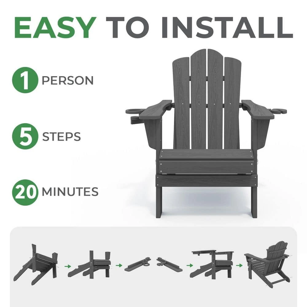 Classic Outdoor HDPE Folding Plastic Adirondack Chair With 2 Cup Holders In Gray (Set Of 1) 4 Classic Outdoor HDPE Folding Plastic Adirondack Chair With 2 Cup Holders In Gray (Set Of 1) - Image 4