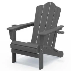 Classic Outdoor HDPE Folding Plastic Adirondack Chair With 2 Cup Holders In Gray (Set Of 1)