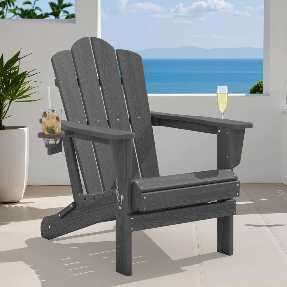 Classic Outdoor HDPE Folding Plastic Adirondack Chair With 2 Cup Holders In Gray (Set Of 1) 2 Classic Outdoor HDPE Folding Plastic Adirondack Chair With 2 Cup Holders In Gray (Set Of 1) - Image 2