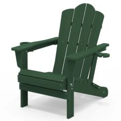 Classic Outdoor HDPE Folding Plastic Adirondack Chair With 2 Cup Holders In Green (Set Of 1)