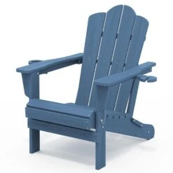 Classic Outdoor HDPE Folding Plastic Adirondack Chair With 2 Cup Holders In Navy (Set Of 1)