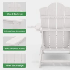 Classic Outdoor HDPE Folding Plastic Adirondack Chair With 2 Cup Holders In White (Set Of 1) -Jearey jearey plastic adirondack chairs sbtydy white 44 1000