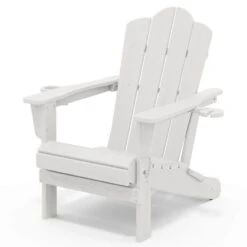 Classic Outdoor HDPE Folding Plastic Adirondack Chair With 2 Cup Holders In White (Set Of 1)