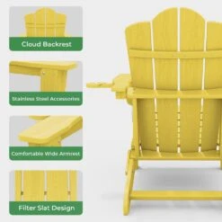Classic Outdoor HDPE Folding Plastic Adirondack Chair With 2 Cup Holders In Yellow (Set Of 1) -Jearey jearey plastic adirondack chairs sbtydy yellow 44 1000
