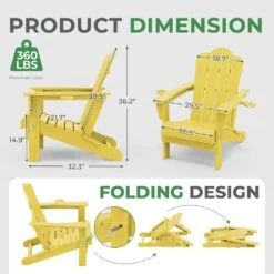 Classic Outdoor HDPE Folding Plastic Adirondack Chair With 2 Cup Holders In Yellow (Set Of 1) -Jearey jearey plastic adirondack chairs sbtydy yellow 4f 1000