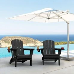 Classic Black Folding Plastic Adirondack Chairs With 2-Cup Holders-Weather Resistant Patio Outdoor Chair (Set Of 1) -Jearey jearey plastic adirondack chairs sbtzdy bk 31 1000