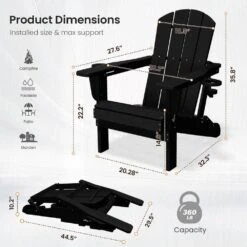 Classic Black Folding Plastic Adirondack Chairs With 2-Cup Holders-Weather Resistant Patio Outdoor Chair (Set Of 1) -Jearey jearey plastic adirondack chairs sbtzdy bk 44 1000