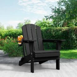 Classic Black Folding Plastic Adirondack Chairs With 2-Cup Holders-Weather Resistant Patio Outdoor Chair (Set Of 1) -Jearey jearey plastic adirondack chairs sbtzdy bk c3 1000