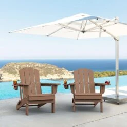 Classic Brown Folding Plastic Adirondack Chairs With 2-Cup Holders-Weather Resistant Patio Outdoor Chair (Set Of 1) -Jearey jearey plastic adirondack chairs sbtzdy br 31 1000