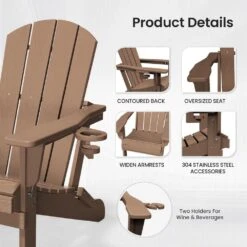 Classic Brown Folding Plastic Adirondack Chairs With 2-Cup Holders-Weather Resistant Patio Outdoor Chair (Set Of 1) -Jearey jearey plastic adirondack chairs sbtzdy br 4f 1000