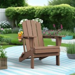 Classic Brown Folding Plastic Adirondack Chairs With 2-Cup Holders-Weather Resistant Patio Outdoor Chair (Set Of 1)