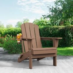 Classic Brown Folding Plastic Adirondack Chairs With 2-Cup Holders-Weather Resistant Patio Outdoor Chair (Set Of 1) -Jearey jearey plastic adirondack chairs sbtzdy br c3 1000
