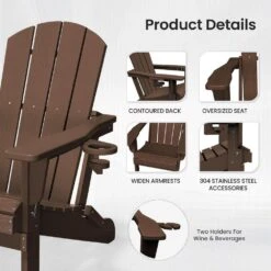 Classic Coffee Folding Plastic Adirondack Chairs With 2-Cup Holders-Weather Resistant Patio Outdoor Chair (Set Of 1) -Jearey jearey plastic adirondack chairs sbtzdy co 4f 1000