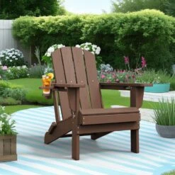 Classic Coffee Folding Plastic Adirondack Chairs With 2-Cup Holders-Weather Resistant Patio Outdoor Chair (Set Of 1)