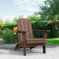 Classic Coffee Folding Plastic Adirondack Chairs With 2-Cup Holders-Weather Resistant Patio Outdoor Chair (Set Of 1) -Jearey jearey plastic adirondack chairs sbtzdy co c3 1000