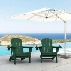 Classic Dark Green Folding Plastic Adirondack Chairs With 2-Cup Holders-Weather Resistant Patio Outdoor Chair (Set Of 1) -Jearey jearey plastic adirondack chairs sbtzdy dgn 31 1000