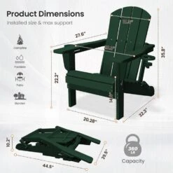 Classic Dark Green Folding Plastic Adirondack Chairs With 2-Cup Holders-Weather Resistant Patio Outdoor Chair (Set Of 1) -Jearey jearey plastic adirondack chairs sbtzdy dgn 44 1000