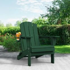 Classic Dark Green Folding Plastic Adirondack Chairs With 2-Cup Holders-Weather Resistant Patio Outdoor Chair (Set Of 1) -Jearey jearey plastic adirondack chairs sbtzdy dgn c3 1000