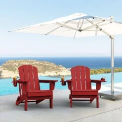 Classic Dark Red Folding Plastic Adirondack Chairs With 2-Cup Holders-Weather Resistant Patio Outdoor Chair (Set Of 1) -Jearey jearey plastic adirondack chairs sbtzdy drd 31 1000