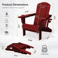 Classic Dark Red Folding Plastic Adirondack Chairs With 2-Cup Holders-Weather Resistant Patio Outdoor Chair (Set Of 1) -Jearey jearey plastic adirondack chairs sbtzdy drd 44 1000