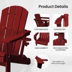 Classic Dark Red Folding Plastic Adirondack Chairs With 2-Cup Holders-Weather Resistant Patio Outdoor Chair (Set Of 1) -Jearey jearey plastic adirondack chairs sbtzdy drd 4f 1000