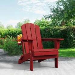 Classic Dark Red Folding Plastic Adirondack Chairs With 2-Cup Holders-Weather Resistant Patio Outdoor Chair (Set Of 1) -Jearey jearey plastic adirondack chairs sbtzdy drd c3 1000