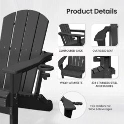 Classic Gray Folding Plastic Adirondack Chairs With 2-Cup Holders-Weather Resistant Patio Outdoor Chair (Set Of 1) -Jearey jearey plastic adirondack chairs sbtzdy gr 4f 1000