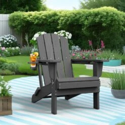 Classic Gray Folding Plastic Adirondack Chairs With 2-Cup Holders-Weather Resistant Patio Outdoor Chair (Set Of 1) -Jearey jearey plastic adirondack chairs sbtzdy gr a0 1000