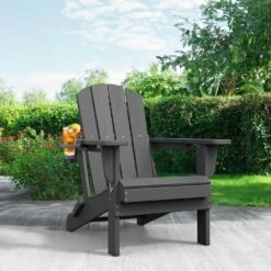 Classic Gray Folding Plastic Adirondack Chairs With 2-Cup Holders-Weather Resistant Patio Outdoor Chair (Set Of 1) -Jearey jearey plastic adirondack chairs sbtzdy gr c3 1000