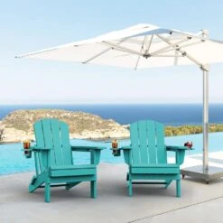 Classic Peacock Blue Folding Plastic Adirondack Chairs W/ 2-Cup Holders-Weather Resistant Patio Outdoor Chair (Set Of 1) -Jearey jearey plastic adirondack chairs sbtzdy kql 31 1000
