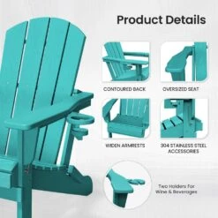 Classic Peacock Blue Folding Plastic Adirondack Chairs W/ 2-Cup Holders-Weather Resistant Patio Outdoor Chair (Set Of 1) -Jearey jearey plastic adirondack chairs sbtzdy kql 4f 1000