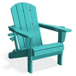 Classic Peacock Blue Folding Plastic Adirondack Chairs W/ 2-Cup Holders-Weather Resistant Patio Outdoor Chair (Set Of 1)