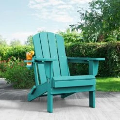 Classic Peacock Blue Folding Plastic Adirondack Chairs W/ 2-Cup Holders-Weather Resistant Patio Outdoor Chair (Set Of 1) -Jearey jearey plastic adirondack chairs sbtzdy kql c3 1000