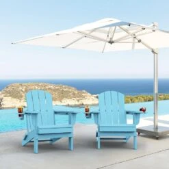 Classic Light Blue Folding Plastic Adirondack Chairs With 2-Cup Holders-Weather Resistant Patio Outdoor Chair (Set Of 1) -Jearey jearey plastic adirondack chairs sbtzdy lbl 31 1000