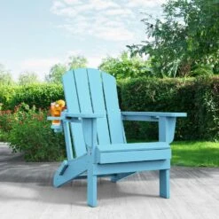 Classic Light Blue Folding Plastic Adirondack Chairs With 2-Cup Holders-Weather Resistant Patio Outdoor Chair (Set Of 1) -Jearey jearey plastic adirondack chairs sbtzdy lbl c3 1000