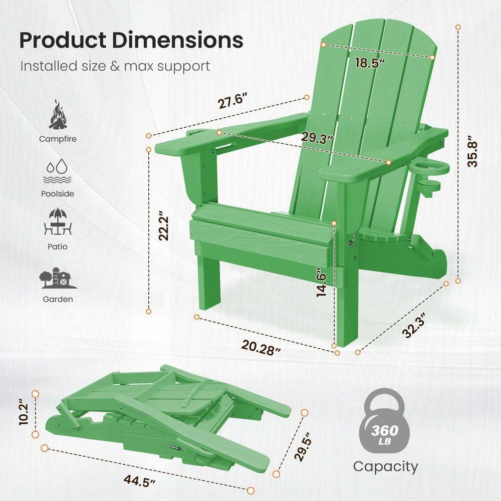 Classic Light Green Folding HDPE Adirondack Chairs With 2-Cup Holders-Weather Resistant Patio Outdoor Chair (Set Of 1) 6 Classic Light Green Folding HDPE Adirondack Chairs With 2-Cup Holders-Weather Resistant Patio Outdoor Chair (Set Of 1) - Image 6