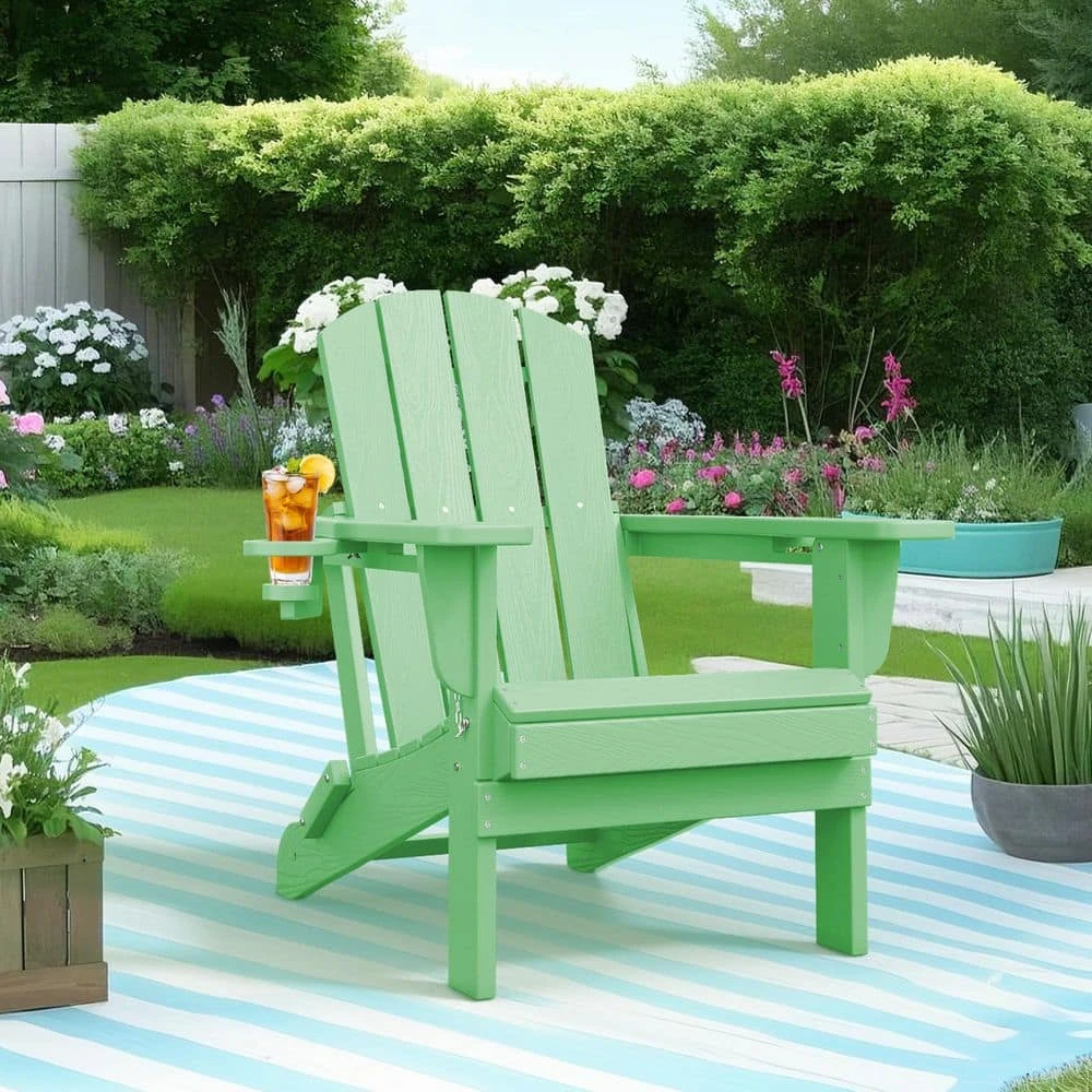 Classic Light Green Folding HDPE Adirondack Chairs With 2-Cup Holders-Weather Resistant Patio Outdoor Chair (Set Of 1) 1 Classic Light Green Folding HDPE Adirondack Chairs With 2-Cup Holders-Weather Resistant Patio Outdoor Chair (Set Of 1)