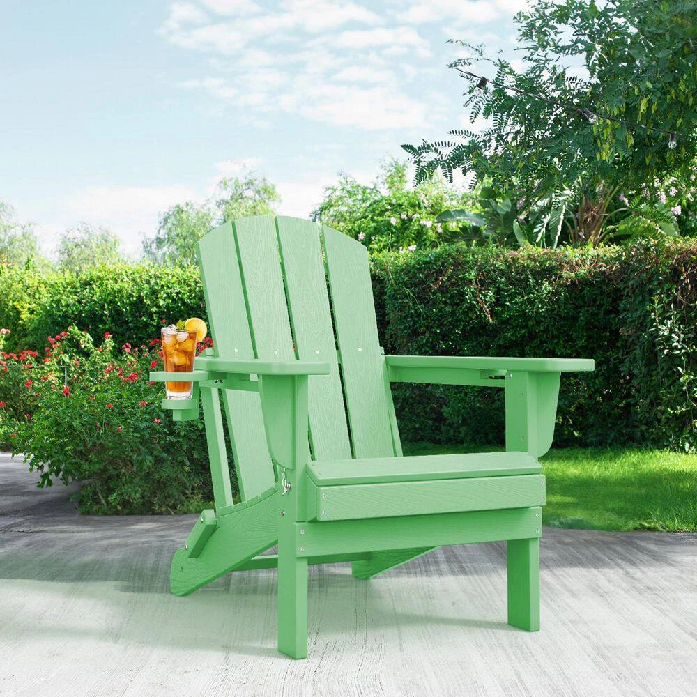 Classic Light Green Folding HDPE Adirondack Chairs With 2-Cup Holders-Weather Resistant Patio Outdoor Chair (Set Of 1) 3 Classic Light Green Folding HDPE Adirondack Chairs With 2-Cup Holders-Weather Resistant Patio Outdoor Chair (Set Of 1) - Image 3