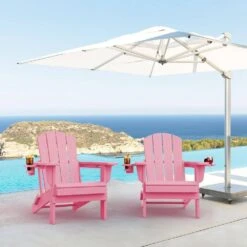 Classic Light Pink Folding Plastic Adirondack Chairs With 2-Cup Holders-Weather Resistant Patio Outdoor Chair (Set Of 1) -Jearey jearey plastic adirondack chairs sbtzdy lpk 31 1000