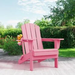 Classic Light Pink Folding Plastic Adirondack Chairs With 2-Cup Holders-Weather Resistant Patio Outdoor Chair (Set Of 1) -Jearey jearey plastic adirondack chairs sbtzdy lpk c3 1000