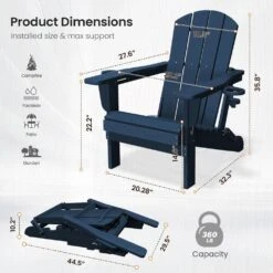 Classic Navy Blue Folding Plastic Adirondack Chairs With 2-Cup Holders-Weather Resistant Patio Outdoor Chair (Set Of 1) -Jearey jearey plastic adirondack chairs sbtzdy na 44 1000